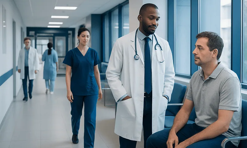Medical team discussing patient care in hospital corridor.