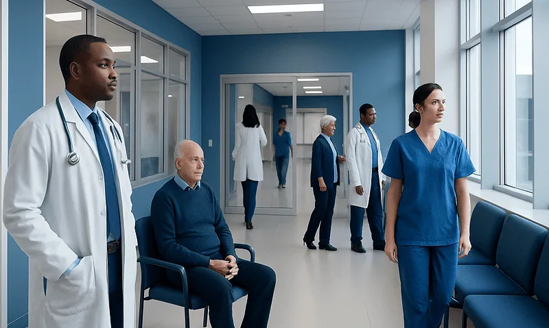 Medical staff and patient in hospital corridor at Acibadem Hospitals Group.