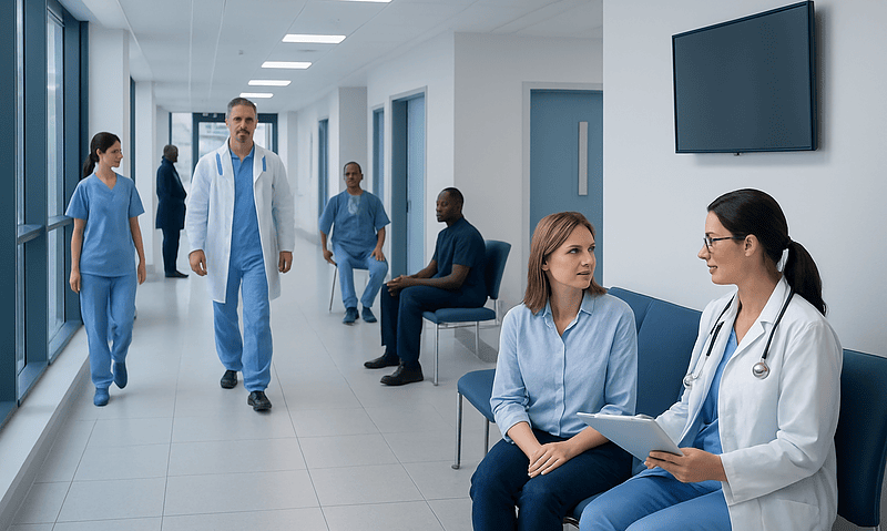 Healthcare professionals and patients in a modern hospital corridor.