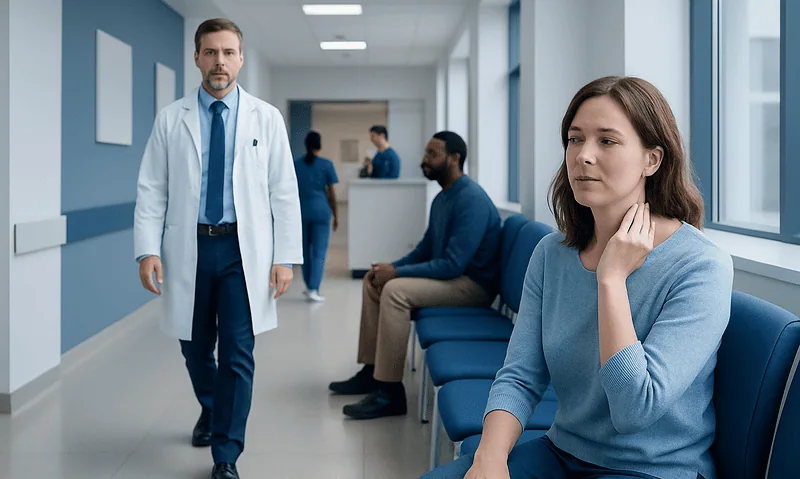 Doctor consulting with a young woman in a hospital corridor.