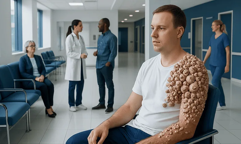 Patient with large growths on arm in hospital waiting area.