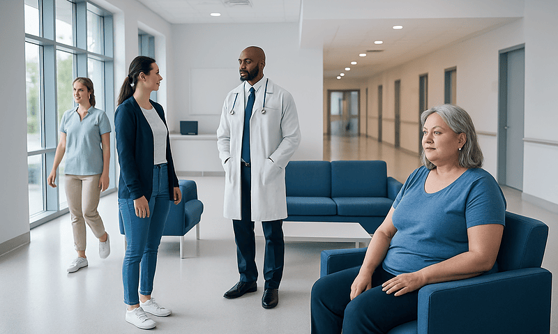 Medical consultation in a modern hospital waiting area with patients and doctor.