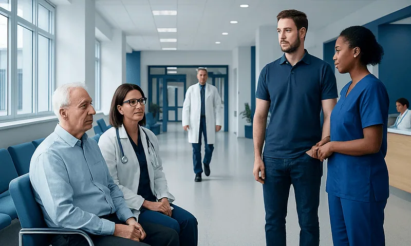 Medical consultation in hospital corridor with doctors and patient.