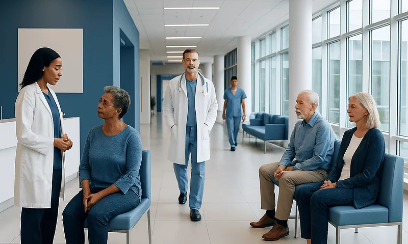 Hospital waiting area with doctors and elderly patients engaging in consultation.