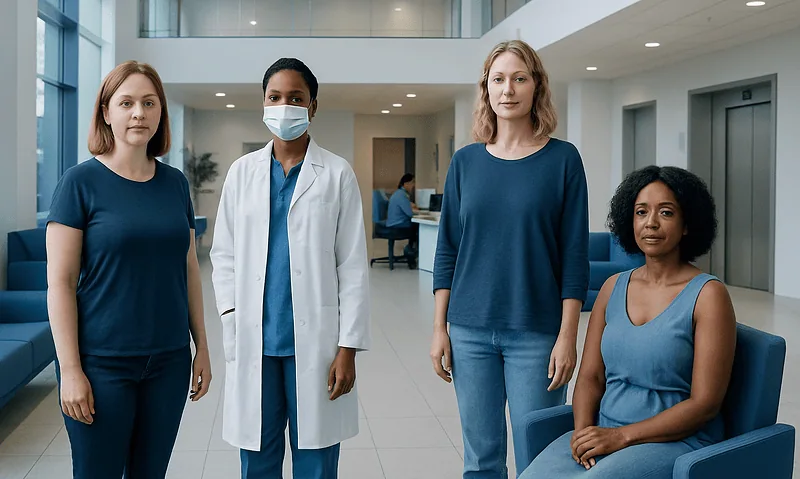 Diverse group of women and a healthcare professional in hospital lobby.