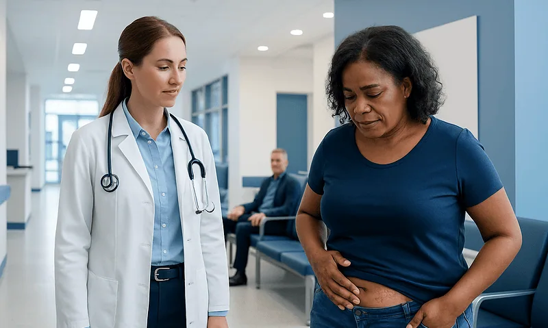 Doctor examining a woman with abdominal pain in a hospital corridor.