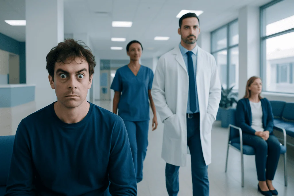Manic Eyes: A Complete Medical Overview 1 Patient with manic eyes in a hospital corridor with medical staff and waiting patients.