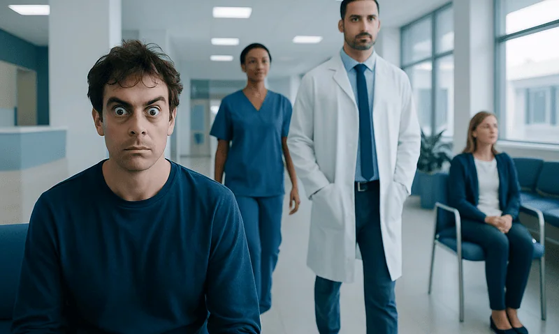 Patient with manic eyes in a hospital corridor with medical staff and waiting patients.