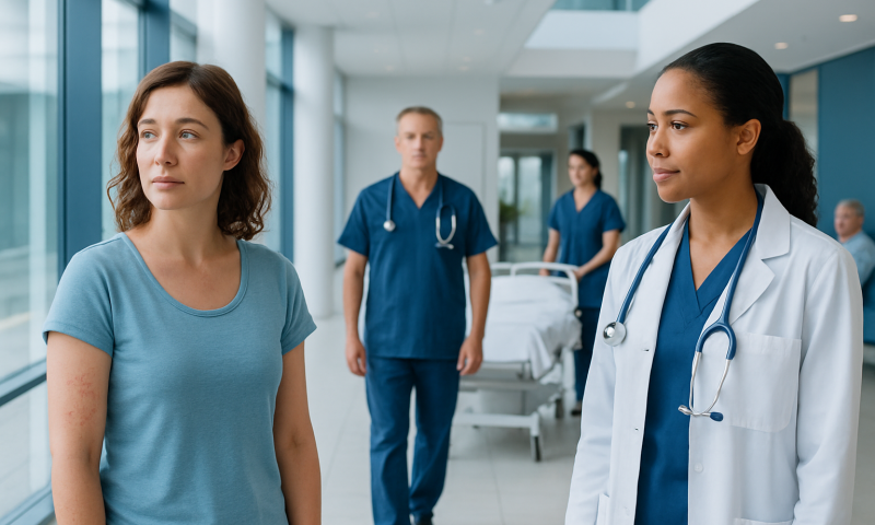 Patient with medical staff in hospital corridor.