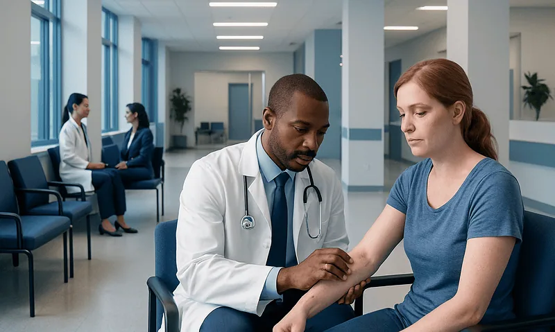 Doctor examining a patient's arm in a modern hospital corridor.