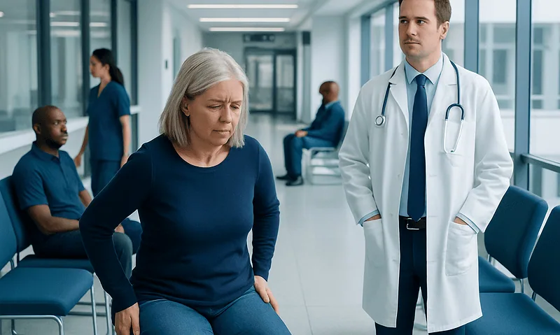 Senior woman experiencing back pain in a hospital waiting area.
