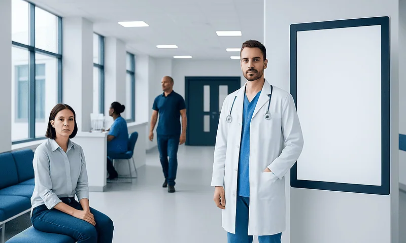 Medical consultation in a modern hospital with doctor and patients.