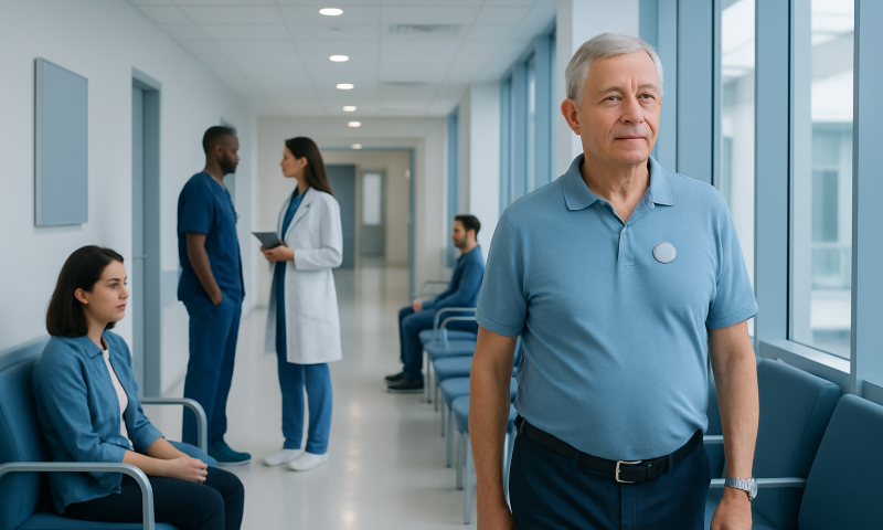 Elderly man waiting in hospital corridor with medical staff and patients.