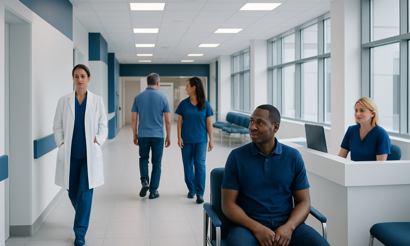 Hospital corridor with medical staff and patients at Acibadem Hospitals Group.