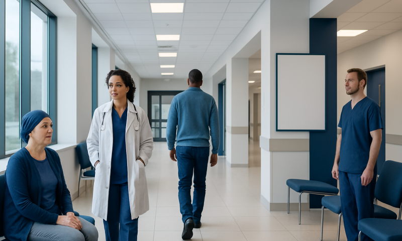 Hospital corridor with medical staff and patient in a modern healthcare facility.