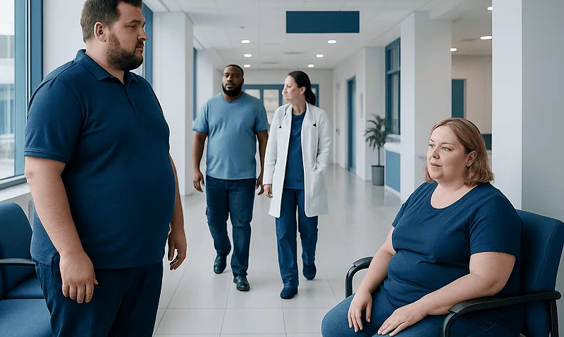 Medical consultation with overweight woman and healthcare professionals in hospital corridor.