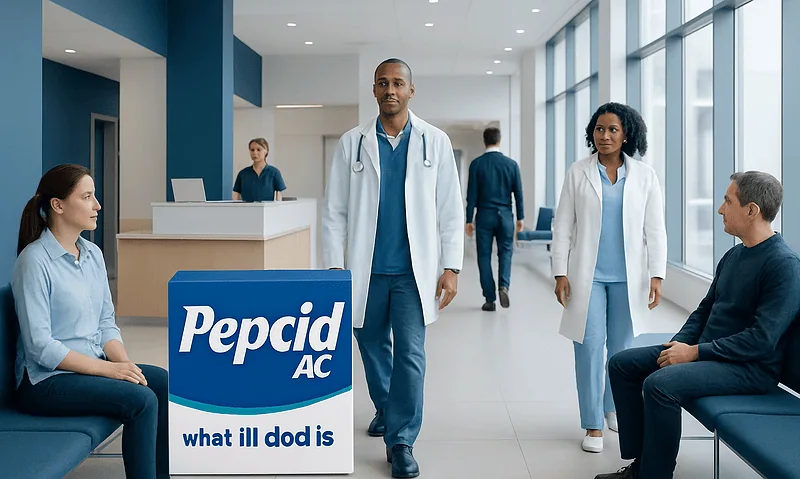 Healthcare professionals and patients in a modern hospital corridor with Pepcid AC signage.