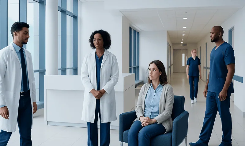 Medical team discussing patient care in a modern hospital corridor.