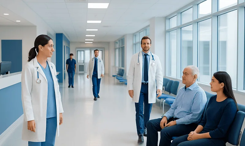 Medical team consulting with patient in hospital corridor.