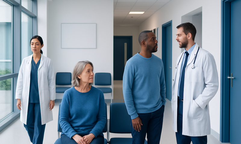 Medical team consulting with patient in hospital corridor.