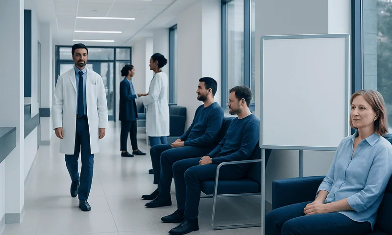 Doctors and patients in a hospital corridor with seating area and large windows.