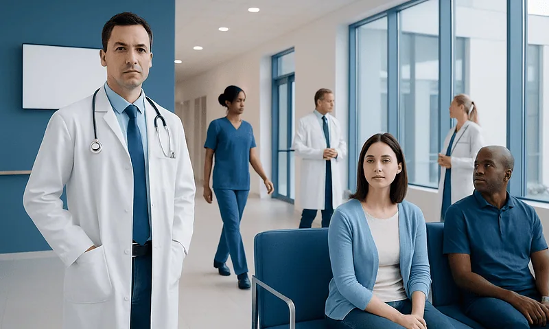 Medical professionals and patients in a modern hospital waiting area.
