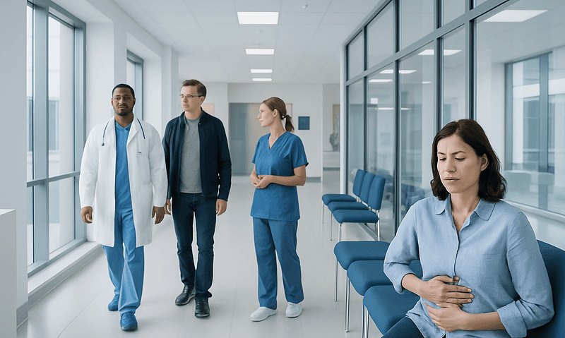 Medical team with patient in hospital corridor at Acibadem Hospitals Group.