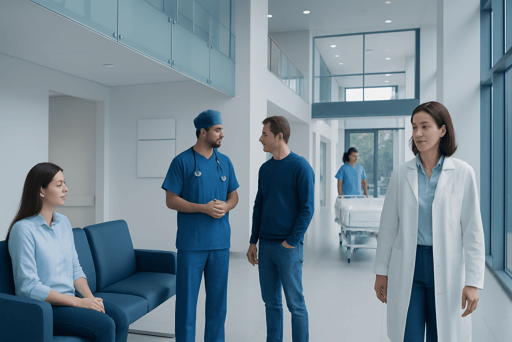 Peptic Ulcer Disease Treatments: Diagnosis, Outlook, and Modern Treatment Approaches 1 Hospital staff and patient in a modern medical facility corridor.
