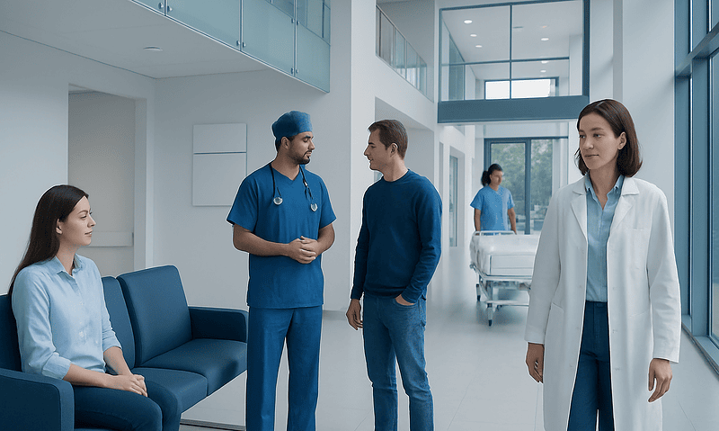 Peptic Ulcer Disease Treatments: Diagnosis, Outlook, and Modern Treatment Approaches 15 Hospital staff and patient in a modern medical facility corridor.