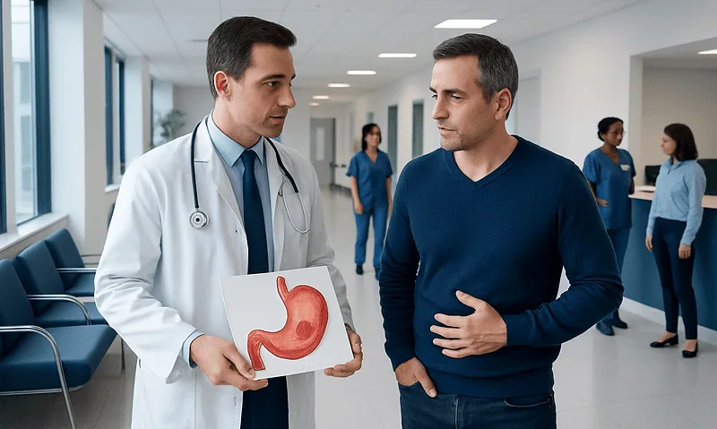 Doctor explaining stomach anatomy to patient in hospital corridor.