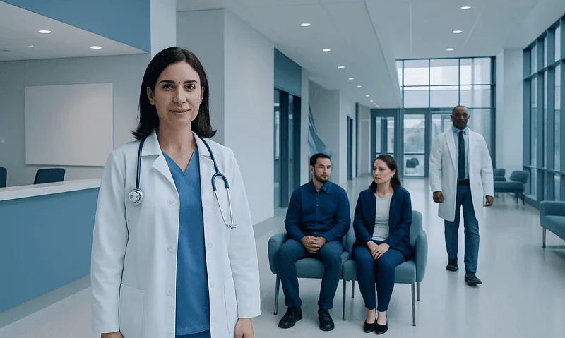 Healthcare professionals in a modern hospital lobby with a female doctor in the foreground.