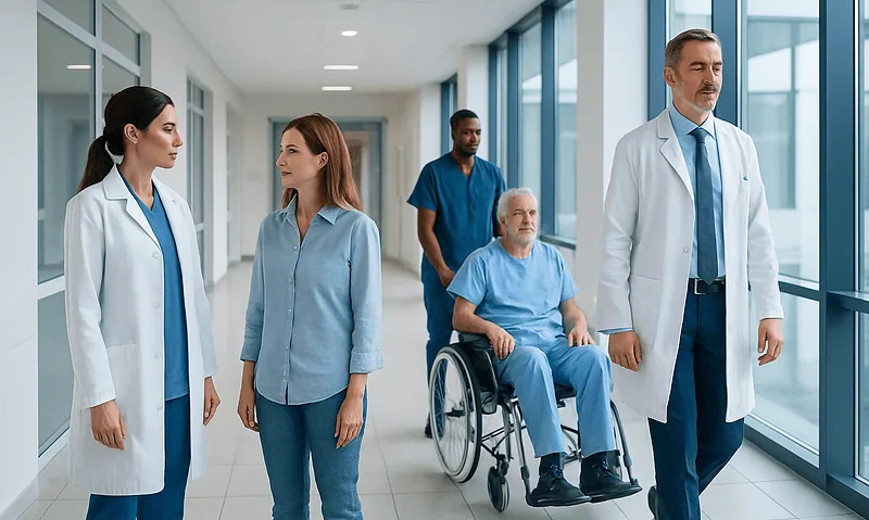 Medical team walking with patient in hospital corridor at Acibadem Hospitals Group.