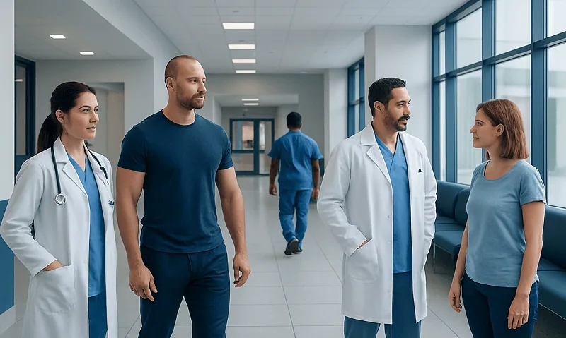 Medical team discussing patient care in hospital corridor.