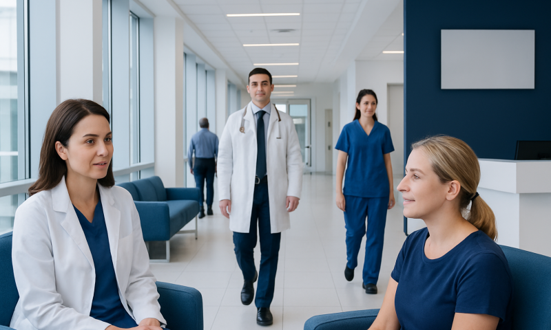 Medical professionals in a hospital corridor with patients and staff.