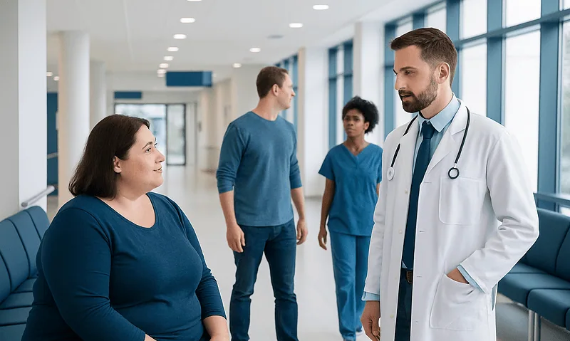 Doctor consulting with a patient in a hospital corridor with medical staff in the background.