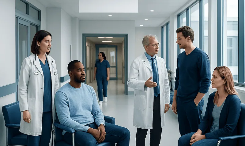 Medical team consulting with patients in hospital corridor.