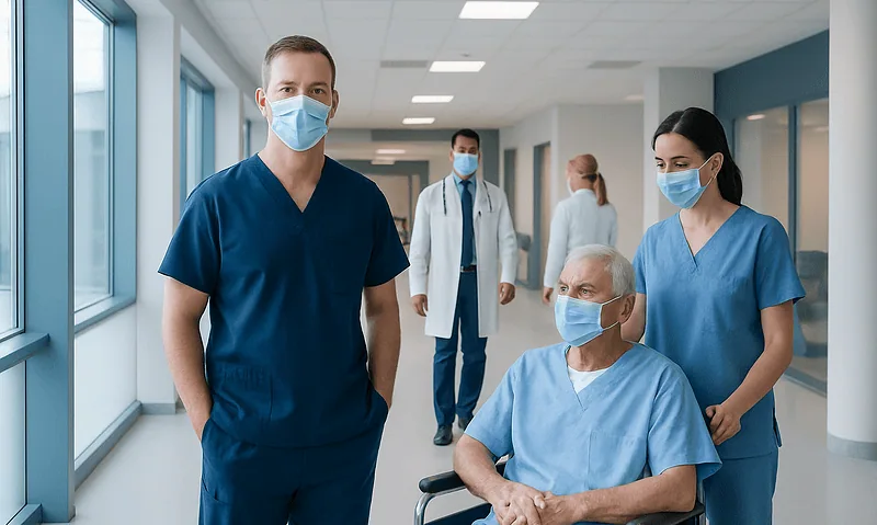 Healthcare professionals in a hospital corridor wearing masks and scrubs.