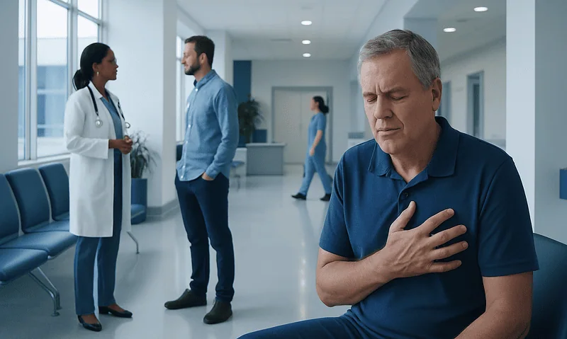 Patient experiencing chest pain in hospital corridor with medical staff nearby.