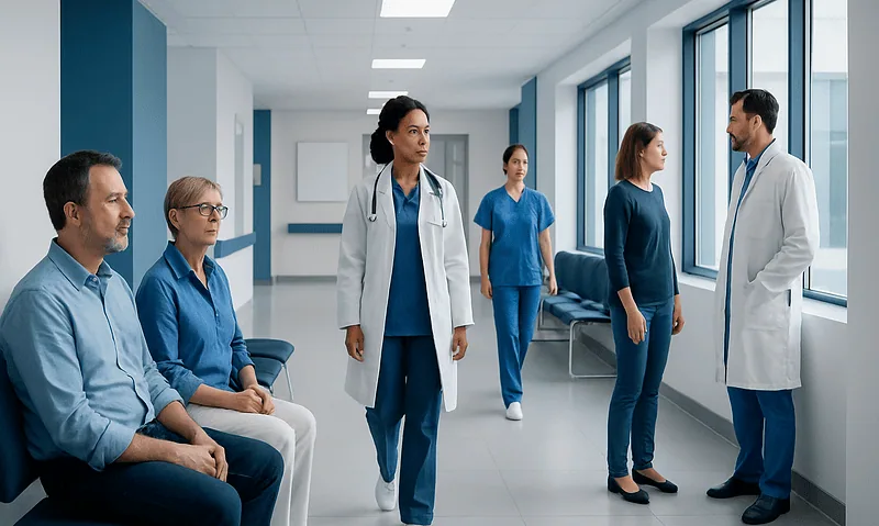 Medical team discussing patient care in hospital corridor.