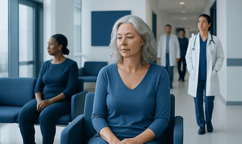 Middle-aged woman waiting in a hospital corridor for menopause consultation.