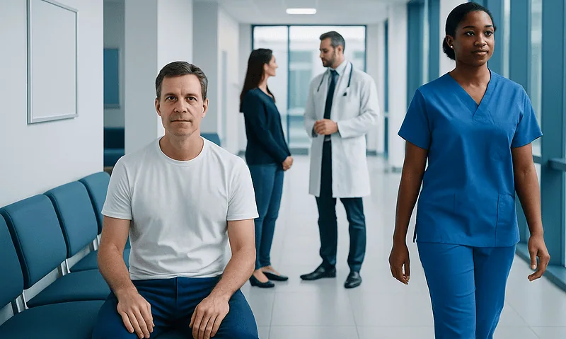 Patient waiting in hospital corridor with medical staff nearby.