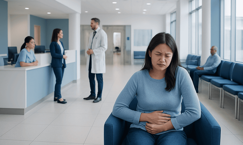 Woman experiencing menstrual pain in hospital waiting area.