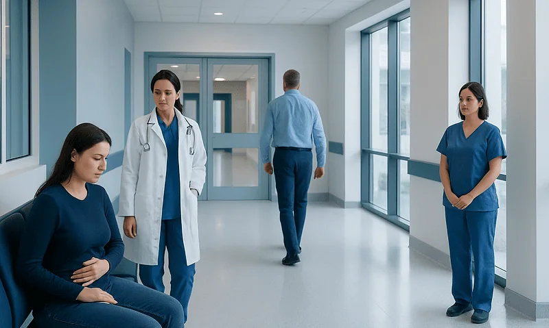 Hospital corridor with medical staff and patient, healthcare environment.