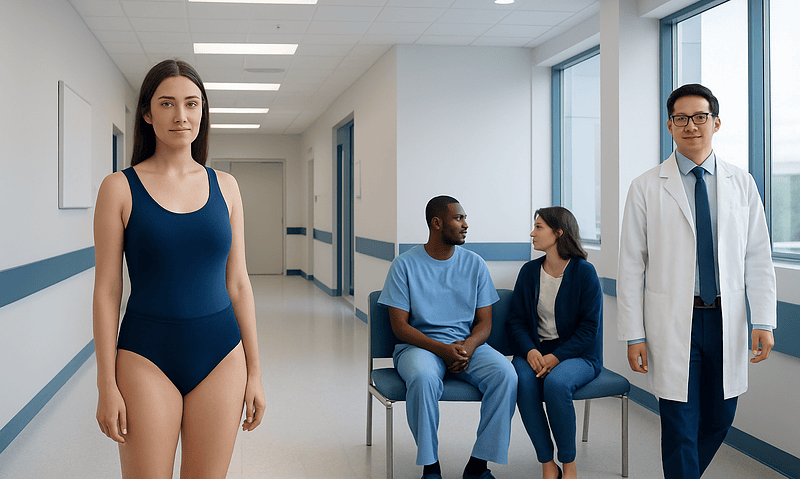 Young woman in hospital gown waiting in corridor with medical staff and patient.