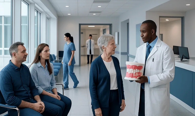 Dentist explaining dental health to elderly woman in clinic.