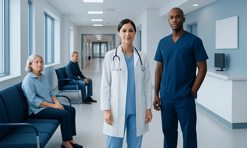 Healthcare professionals and patients in a modern hospital corridor.