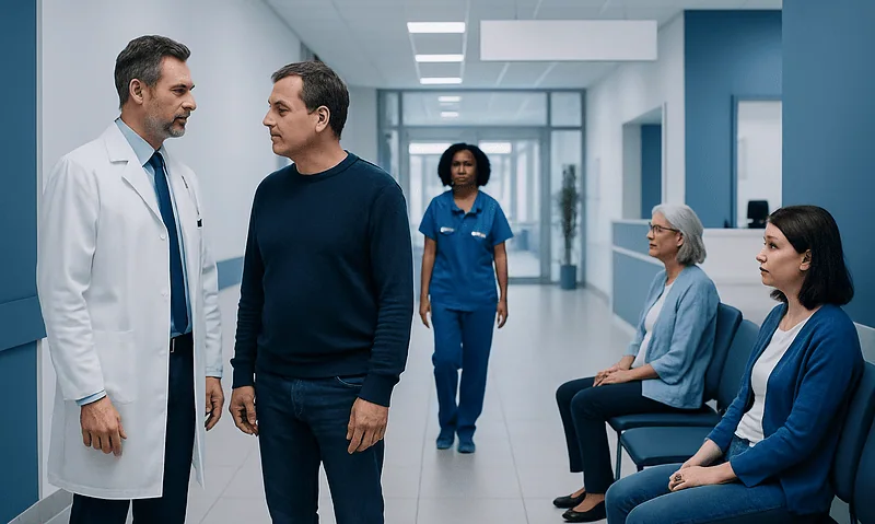 Doctor discussing with patient in hospital corridor with waiting women.
