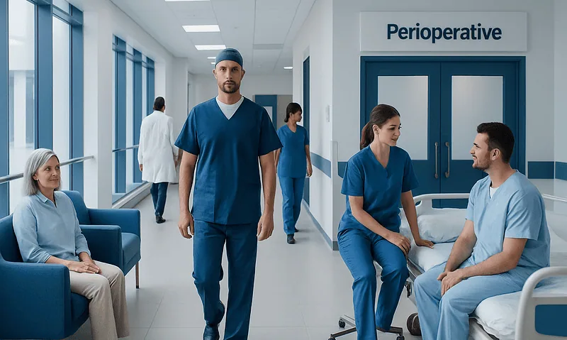 Medical team in hospital corridor near perioperative area.