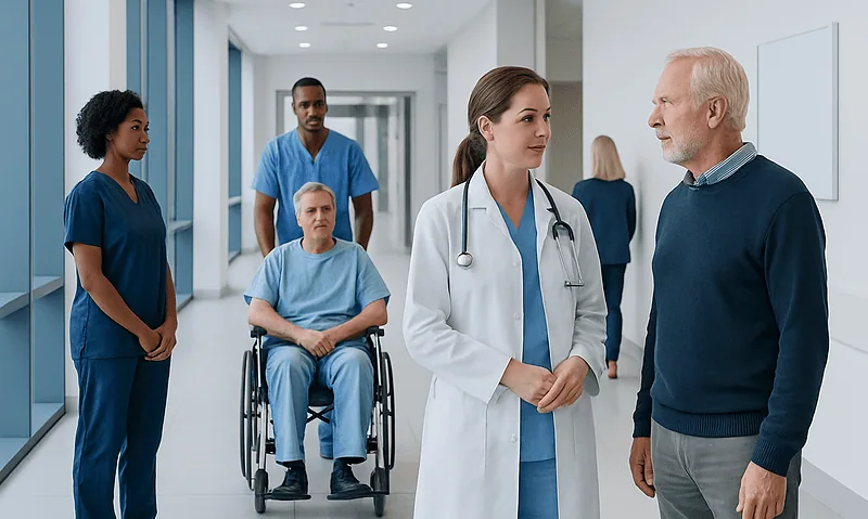 Medical team discussing patient care in hospital corridor.