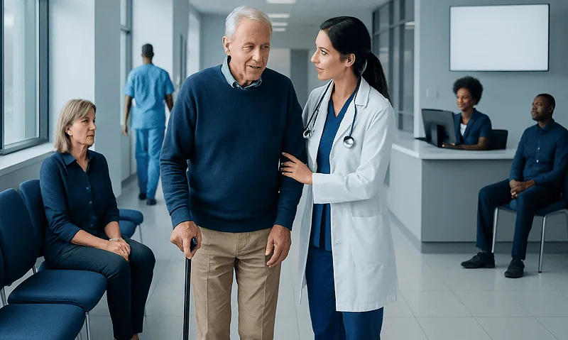 Compassionate doctor consulting with elderly patient in hospital corridor.